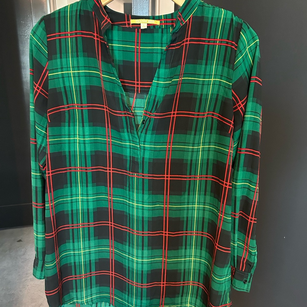 Plaid Split-Neck Tunic in Green with Red Stripe Accents